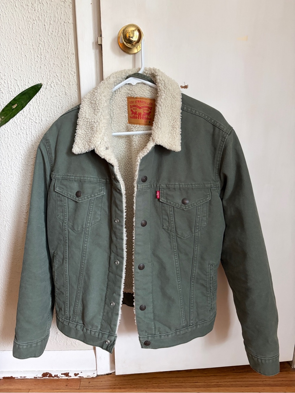 Levi's Olive Green Sherpa-Lined Trucker Jacket with Cream Collar